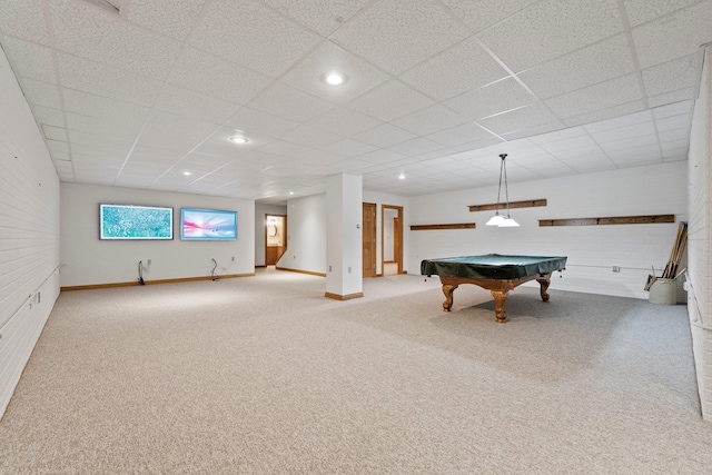 1395 E 75 N, Lagrange, IN 46761 - recreation room featuring carpet, billiards, a drop ceiling, baseboards, and recessed lighting