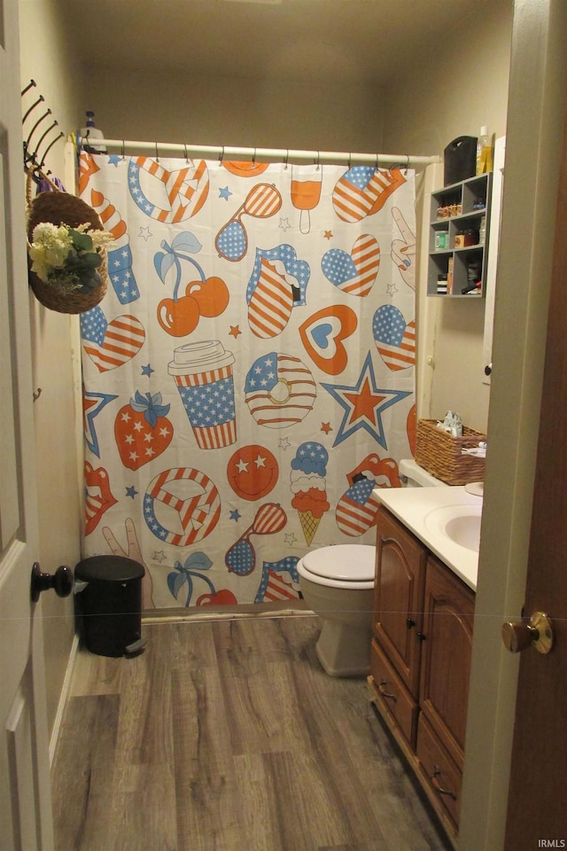 1908 E 18th St, Muncie, IN 47302 - full bathroom featuring wood finished floors, toilet, vanity, and a shower with curtain