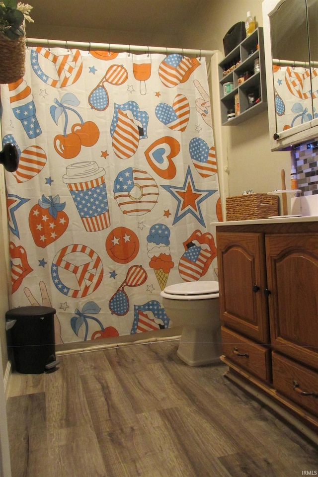 1908 E 18th St, Muncie, IN 47302 - full bathroom featuring wood finished floors, toilet, vanity, and a shower with curtain