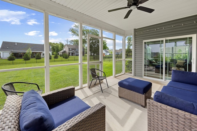 1159 Chesapeake Pointe Dr, Lafayette, IN 47909 - sunroom featuring ceiling fan, a residential view, and outdoor lounge area