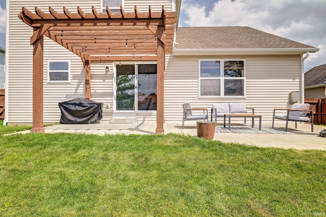 3063 N Natasha Dr, Bloomington, IN 47404 - back of property with a patio area, a pergola, roof with shingles, and an outdoor hangout area