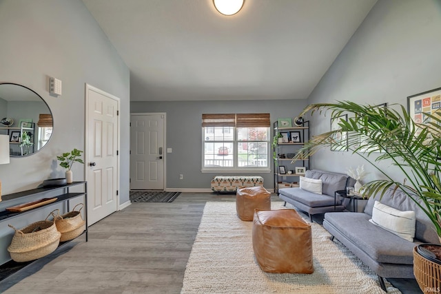 3063 N Natasha Dr, Bloomington, IN 47404 - living room with wood finished floors, baseboards, and high vaulted ceiling