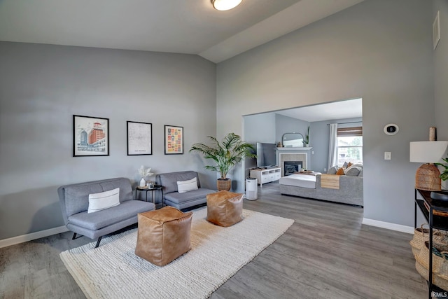 3063 N Natasha Dr, Bloomington, IN 47404 - living area with baseboards, wood finished floors, a tiled fireplace, and high vaulted ceiling