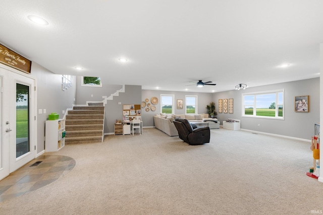 914 W 300 S, Bluffton, IN 46714 - carpeted living area featuring recessed lighting, stairs, baseboards, and ceiling fan