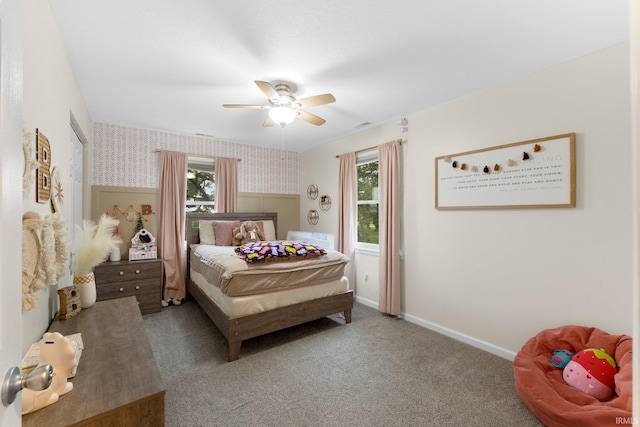 914 W 300 S, Bluffton, IN 46714 - bedroom with wallpapered walls, baseboards, carpet flooring, and a ceiling fan