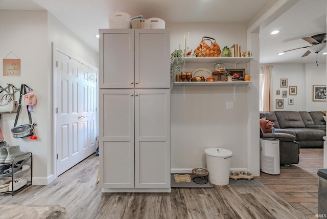21 Noble St, Wabash, IN 46992 - kitchen featuring wood finished floors, ceiling fan, recessed lighting, open floor plan, and baseboards