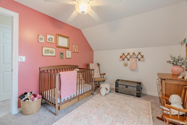 21 Noble St, Wabash, IN 46992 - bedroom with carpet floors, a crib, lofted ceiling, and ceiling fan