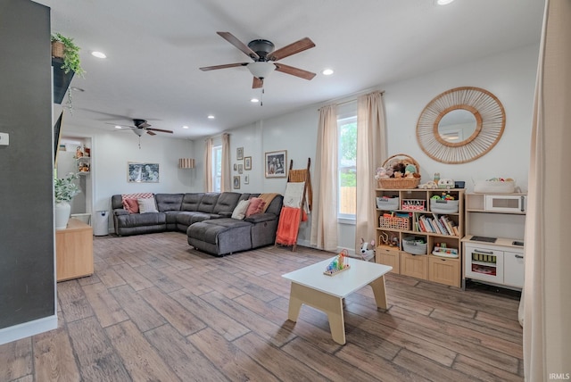 21 Noble St, Wabash, IN 46992 - living area featuring a ceiling fan, wood finished floors, and recessed lighting