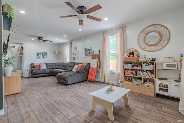 21 Noble St, Wabash, IN 46992 - living room featuring ceiling fan, wood finished floors, and recessed lighting