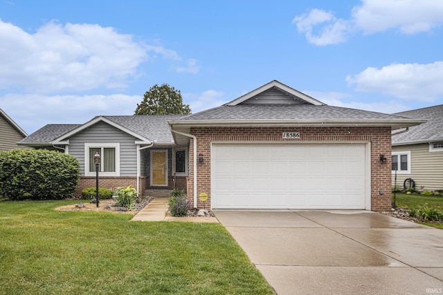 18586 Pauls Way S, Bend, IN 46637 - ranch-style house featuring brick siding, concrete driveway, a garage, a front yard, and roof with shingles