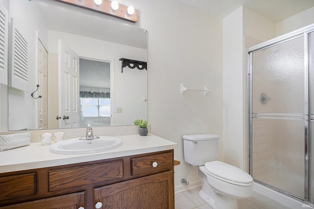 5843 Durham Ct, South Bend, IN 46614 - bathroom with toilet, a stall shower, vanity, tile patterned floors, and baseboards