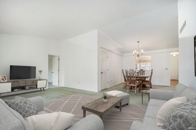5843 Durham Ct, South Bend, IN 46614 - living room with a chandelier, carpet flooring, and lofted ceiling