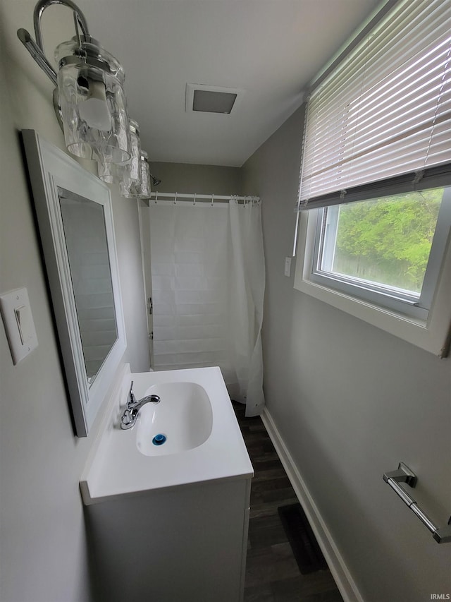 826 E Jefferson Blvd, Fort Wayne, IN 46803 - bathroom featuring vanity, wood finished floors, baseboards, and a shower with shower curtain