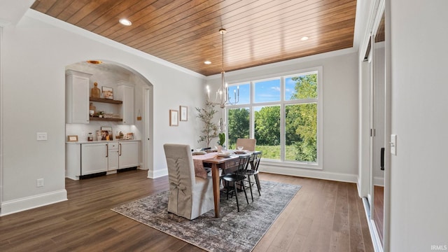 447 E Basalt Dr, Huntertown, IN 46748 - dining area with wooden ceiling, dark wood-type flooring, baseboards, ornamental molding, and a chandelier