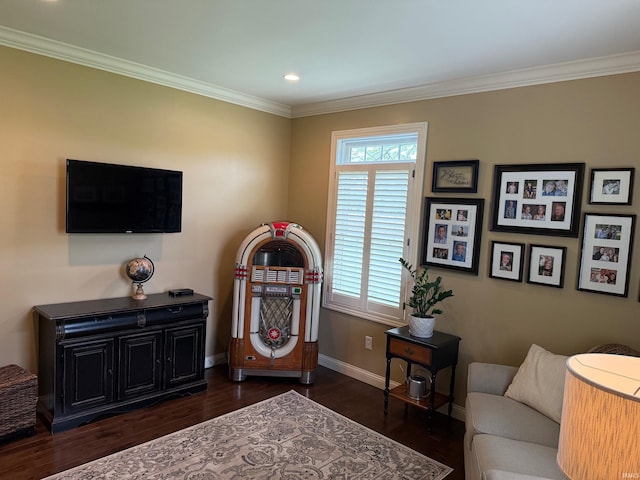 4968 W Campbell St, North Judson, IN 46366 - living area featuring baseboards, crown molding, dark wood finished floors, and recessed lighting