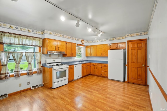 5415 Cranston Ave, Fort Wayne, IN 46835 - kitchen featuring white appliances, under cabinet range hood, light wood-style flooring, a sink, and rail lighting