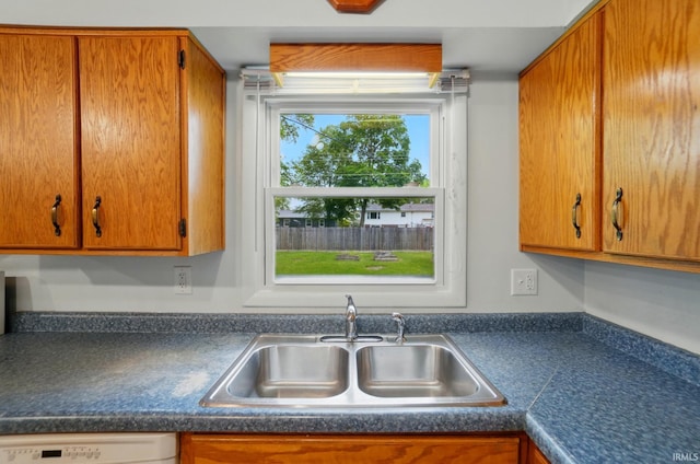 5415 Cranston Ave, Fort Wayne, IN 46835 - kitchen featuring a sink, dishwasher, dark countertops, and brown cabinetry