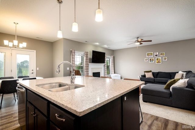 12475 Speranza Dr, Fort Wayne, IN 46818 - kitchen with a sink, dark wood finished floors, open floor plan, and a fireplace