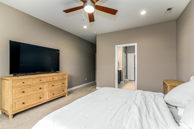 12475 Speranza Dr, Fort Wayne, IN 46818 - bedroom featuring light colored carpet, baseboards, recessed lighting, a ceiling fan, and connected bathroom