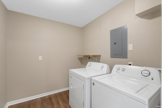 1510 W 4th St, Fort Wayne, IN 46808 - laundry area with electric panel, separate washer and dryer, dark wood-style flooring, and baseboards