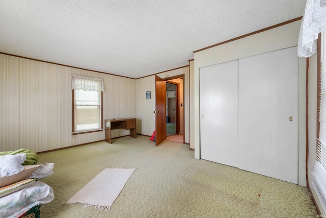 5668 E 500 S, Lynn, IN 47355 - unfurnished bedroom featuring ornamental molding, light carpet, a closet, and a textured ceiling