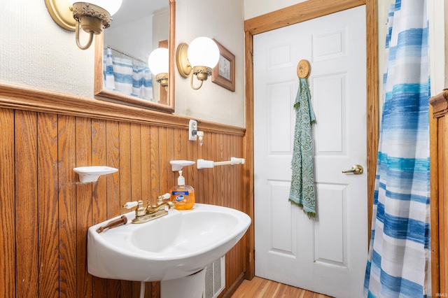 5668 E 500 S, Lynn, IN 47355 - full bath featuring a sink, a wainscoted wall, wood finished floors, and wood walls