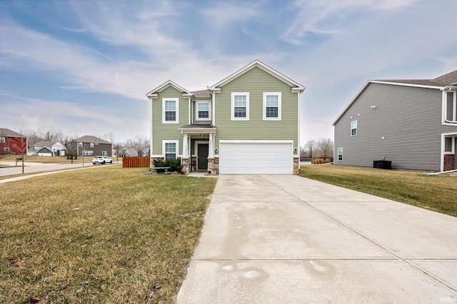 4671 W Hidden Meadow Dr, Bloomington, IN 47404 - view of front of property with concrete driveway, a garage, stone siding, and a front yard
