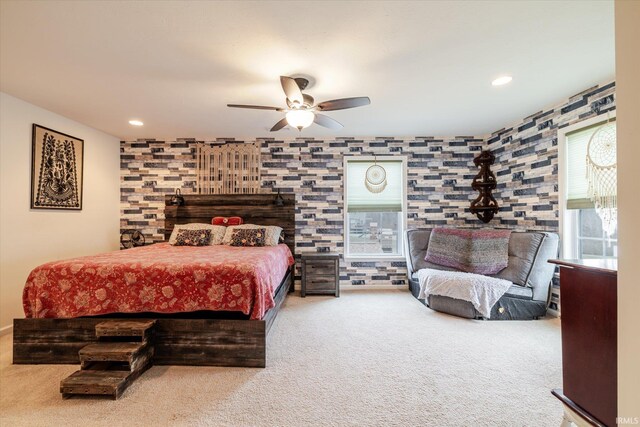 4671 W Hidden Meadow Dr, Bloomington, IN 47404 - bedroom featuring multiple windows, carpet, a ceiling fan, and recessed lighting