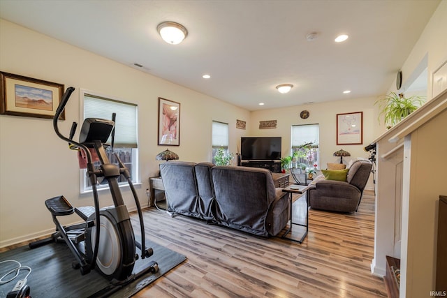 4671 W Hidden Meadow Dr, Bloomington, IN 47404 - workout area with light wood-style flooring, recessed lighting, and baseboards
