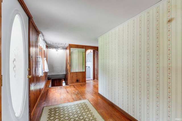 9465 E 1000 N, Syracuse, IN 46567 - hallway with attic access, wood-type flooring, and baseboards
