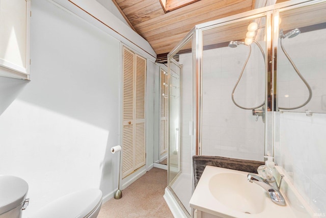 9465 E 1000 N, Syracuse, IN 46567 - full bath with toilet, a shower stall, wood ceiling, vaulted ceiling, and vanity