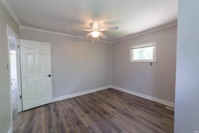 2067 Waggoner Ave, Evansville, IN 47714 - empty room featuring ceiling fan, dark wood-style flooring, ornamental molding, and baseboards