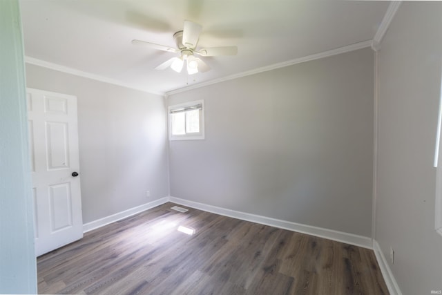 2067 Waggoner Ave, Evansville, IN 47714 - spare room featuring baseboards, ceiling fan, ornamental molding, and dark wood-type flooring