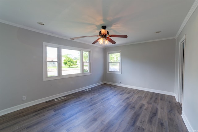 2067 Waggoner Ave, Evansville, IN 47714 - empty room with crown molding, a ceiling fan, dark wood-style flooring, and baseboards