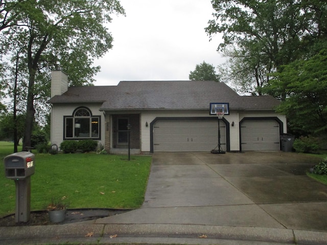 22715 Fair Oaks Ct, Elkhart, IN 46514 - ranch-style house with a chimney, an attached garage, concrete driveway, and a front lawn