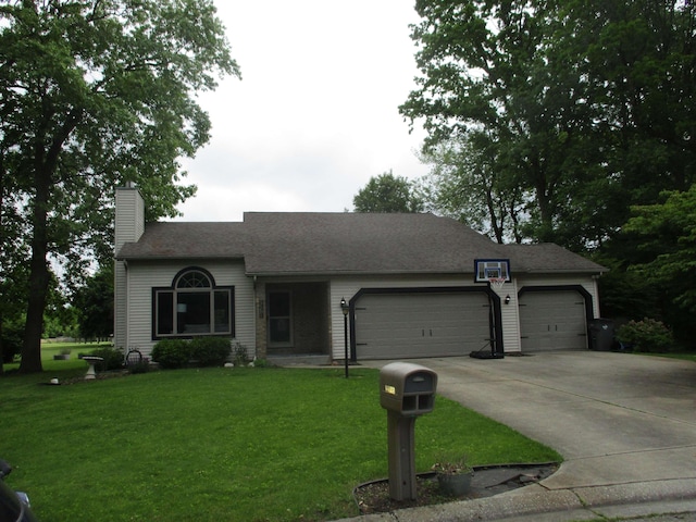 22715 Fair Oaks Ct, Elkhart, IN 46514 - ranch-style house with an attached garage, driveway, a chimney, and a front yard