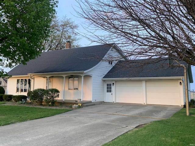 6921 Franke Rd, Fort Wayne, IN 46816 - single story home featuring driveway, covered porch, a chimney, a front lawn, and an attached garage