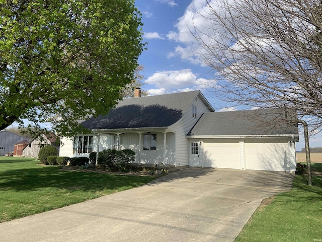 6921 Franke Rd, Fort Wayne, IN 46816 - view of front facade featuring an attached garage, a chimney, a front yard, concrete driveway, and roof with shingles