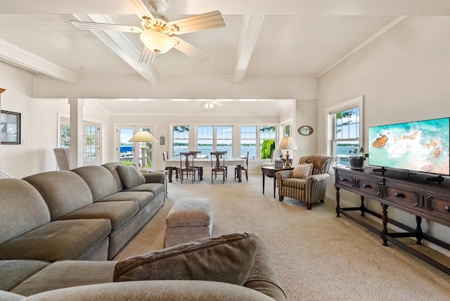 6592 E Waco Dr, Syracuse, IN 46567 - living area featuring light carpet, beamed ceiling, and ceiling fan