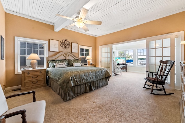 6592 E Waco Dr, Syracuse, IN 46567 - bedroom featuring light carpet, baseboards, ceiling fan, and wood ceiling