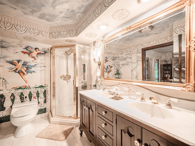 703 Pfeiffer Rd, Evansville, IN 47711 - full bathroom featuring a stall shower, toilet, double vanity, tile patterned flooring, and wallpapered walls