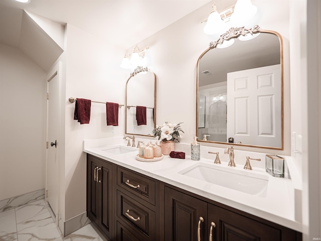 703 Pfeiffer Rd, Evansville, IN 47711 - bathroom with marble finish flooring, double vanity, and a shower with door