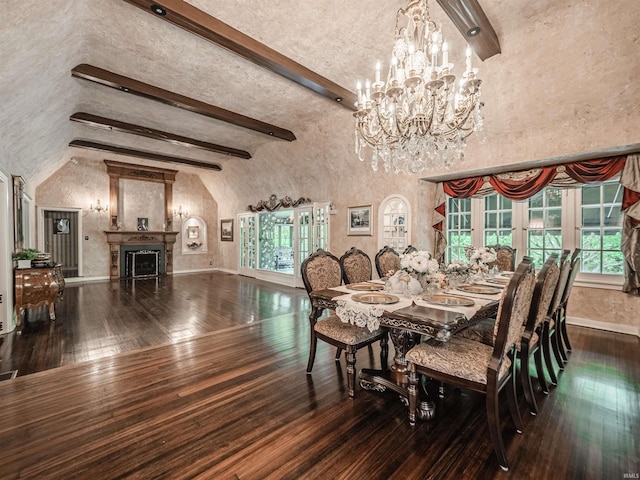 703 Pfeiffer Rd, Evansville, IN 47711 - dining area featuring a chandelier, a fireplace, baseboards, beam ceiling, and wood-type flooring