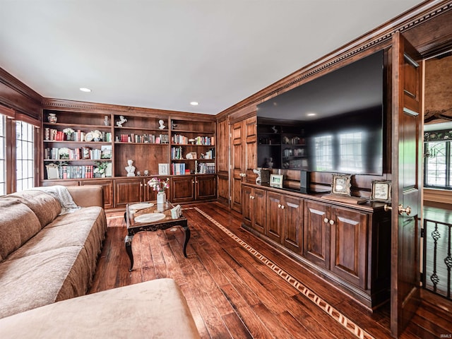 703 Pfeiffer Rd, Evansville, IN 47711 - living area with dark wood finished floors and ornamental molding