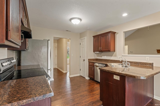32840 Morning Dove Ct, New Carlisle, IN 46552 - kitchen featuring a sink, stainless steel appliances, a peninsula, dark wood-type flooring, and extractor fan