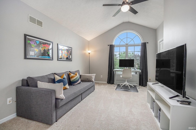 51695 Fox Pointe Ln, Granger, IN 46530 - living area featuring lofted ceiling, light colored carpet, a ceiling fan, baseboards, and an office area