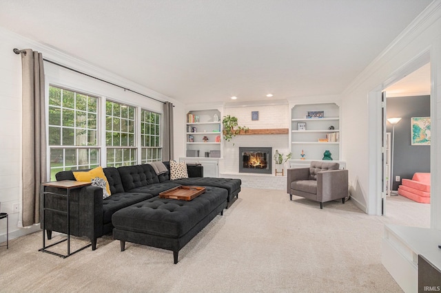 51695 Fox Pointe Ln, Granger, IN 46530 - living room featuring crown molding, light colored carpet, baseboards, a fireplace, and built in features