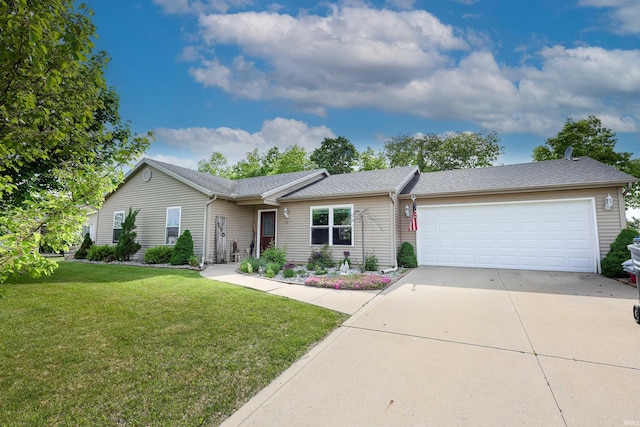 110 Alan Dr, Fremont, IN 46737 - ranch-style home with a garage, concrete driveway, a front yard, and a shingled roof