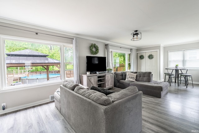 1471 Vernon St, Wabash, IN 46992 - living room featuring ornamental molding, wood finished floors, and baseboards