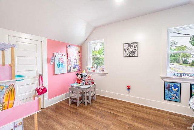 1471 Vernon St, Wabash, IN 46992 - rec room featuring wood finished floors, lofted ceiling, and baseboards